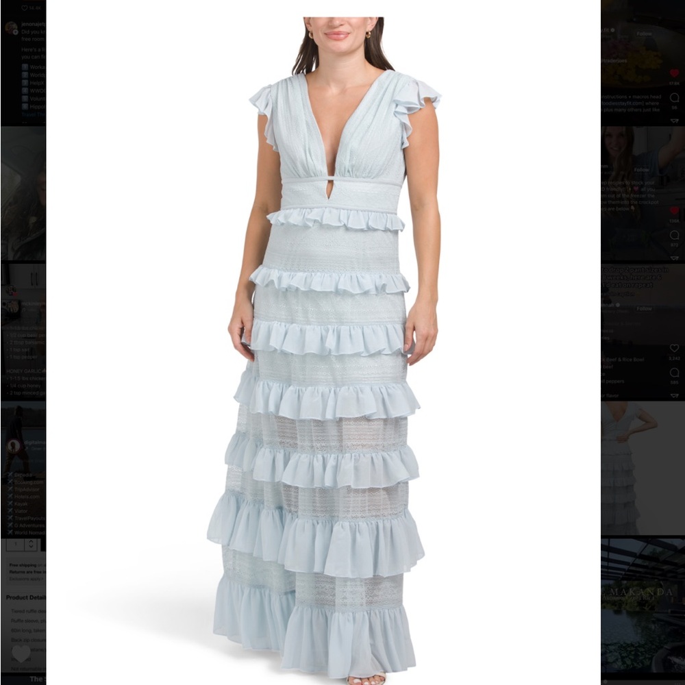 BCBG Light Blue Cascading Ruffle Maxi Dress